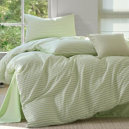 JELLYMONI Striped Duvet Cover Set - King Size Comforter Cover, Classic Sage Green & White Stripes, 100% Cotton 3 Pcs Bedding with Zipper Closure & 8 Corner Ties for Master or Guest Bedroom