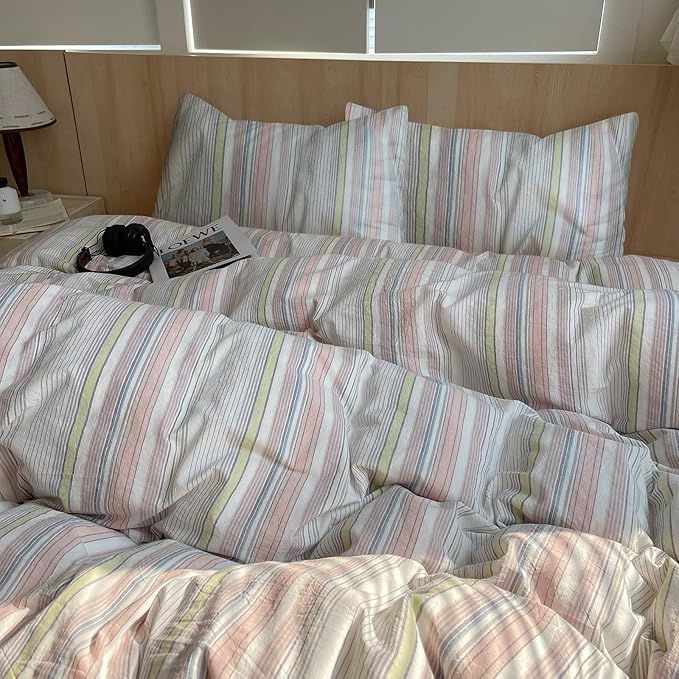 EAVD Pink Blue Yellow Striped Duvet Cover King Soft Washed Cotton Bedding Set 3 Pieces Pinstriped Bedding Set with 2 Pillowcases Reversible Farmhouse Geometric Pattern Duvet Cover with Zipper