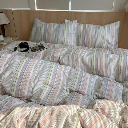 EAVD Pink Blue Yellow Striped Duvet Cover Queen Soft Washed Cotton Bedding Set 3 Pieces Pinstriped Bedding Set with 2 Pillowcases Reversible Farmhouse Geometric Pattern Duvet Cover with Zipper