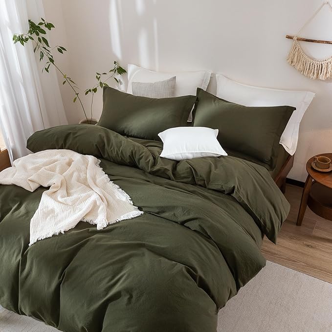 Linen Feel Duvet Cover Oversized King Size 120inch x 98inch,100% Washed Cotton Duvet Cover with Zipper Closure and 2 Pillowcases, Color of Olive Green