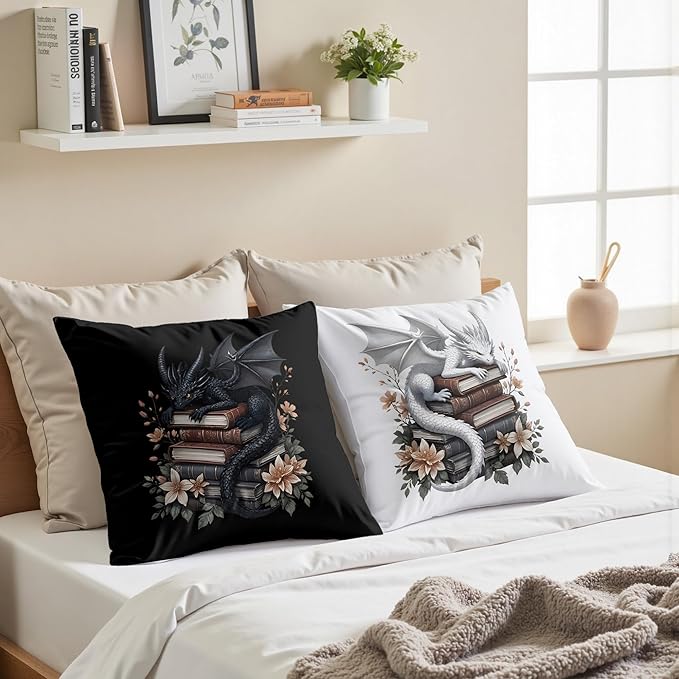Vintage Magical Black White Dragon Reading Book Decor Throw Pillow Covers 18x18 Set of 2, Fantasy Room Decor for Kids, Gamers, and Bookworms,Reading Nook Decor, Gifts for Bookworm Readers(78)