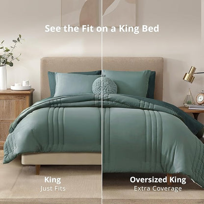 Monbix Oversized King Size Comforter Set - 7 Pieces Sage Green Bed in a Bag Oversized King Bedding Sets with Comforters, All Seasons Comforter Bed Set with Sheets, Pillowcases & Shams