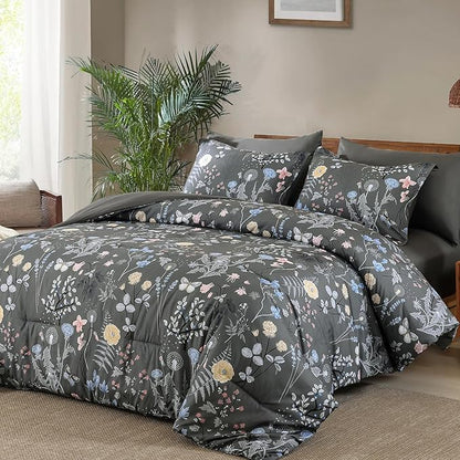 Yiran 7 Piece Grey Floral Comforter Set King Size, Botanical Flowers Bed in a Bag King, Soft Microfiber Complete Bedding Set with Sheets for All Season