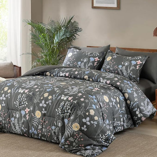 Yiran 7 Piece Grey Floral Comforter Set King Size, Botanical Flowers Bed in a Bag King, Soft Microfiber Complete Bedding Set with Sheets for All Season