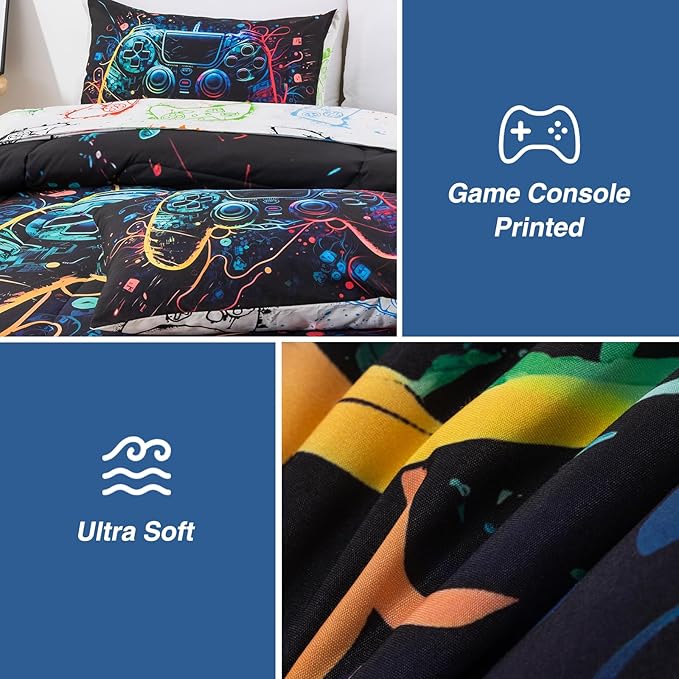 A Nice Night Boys Full Size 5-Piece Game Console Comforter Set, for Kids Teen 3D Colorful Background Space Universe Gamepad Gaming Printed Matching Sheet Sets