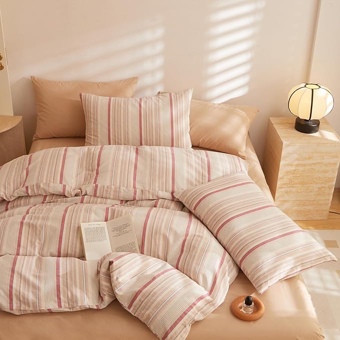 EAVD Striped Comforter Set Twin XL Pink Striped Bedding Comforter Set 3 Pieces Farmhouse Geometric Bedding Set with 2 Pillowcases for All-Season Soft Fluffy Lightweight