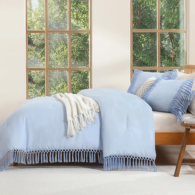 Andency Comforter King Size Set Light Blue, 3 Pieces Boho Tassel Lightweight Fluffy Bedding Comforters & Sets, Soft All Season Bed Set (104x90In Comforter & 2 Pillowcases)