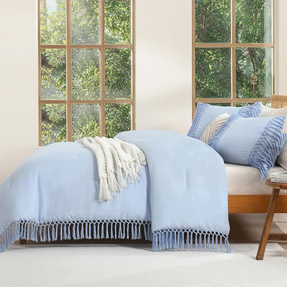 Andency Comforter King Size Set Light Blue, 3 Pieces Boho Tassel Lightweight Fluffy Bedding Comforters & Sets, Soft All Season Bed Set (104x90In Comforter & 2 Pillowcases)