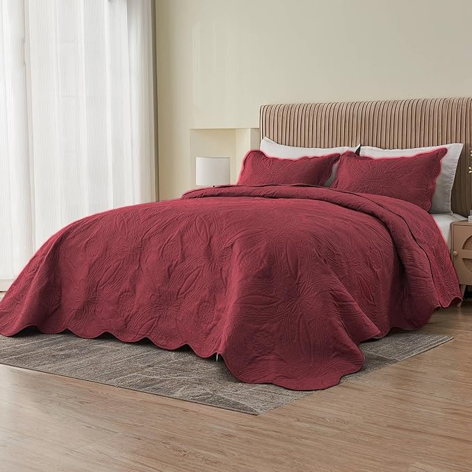 Kingnex Oversized King Bedspreads 128x120 for Extra Wide Tall King or Cal King Bed Ultrasonic Quilted Coverlet Set 3 Piece Include 1 Quilt 2 Pillowcases Burgundy
