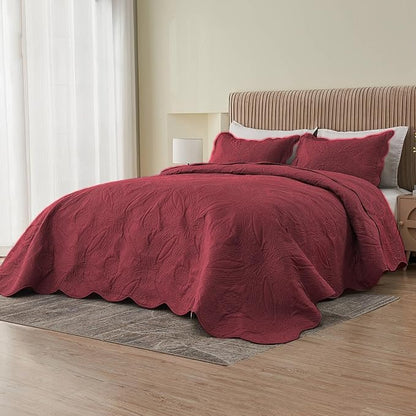 Kingnex Oversized King Bedspreads 128x120 for Extra Wide Tall King or Cal King Bed Ultrasonic Quilted Coverlet Set 3 Piece Include 1 Quilt 2 Pillowcases Burgundy