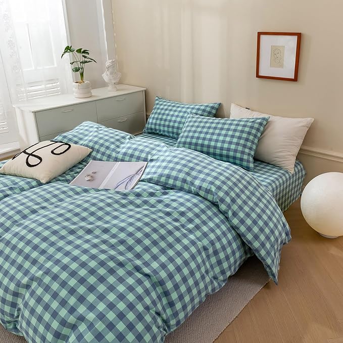 VM VOUGEMARKET Green Gingham Comforter Set Queen,Plaid Comforter with 2 Pillowcases for All Seasons,3 Pcs Modern Simple Grid Bedding Set for Men Women