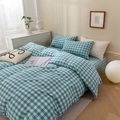VM VOUGEMARKET Green Plaid Comforter Set Full,Washed Cotton Gingham Comforter with 2 Pillowcases for All Seasons,3 Pcs Modern Simple Grid Bedding Set for Teens