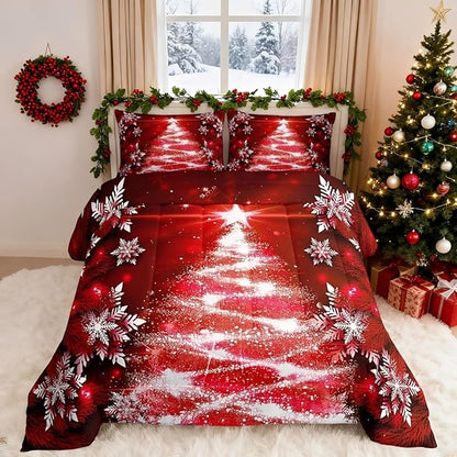 Feelyou Christmas Tree Comforter Set for Children Kids Boys Girls Luxury Chic Xmas Theme Bedding Set Glitter Snowflake Star Comforter Microfiber Red Duvet Set Room Decor Quilt Set Twin Size