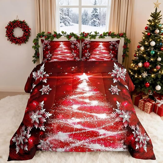 Feelyou Christmas Tree Comforter Set for Children Kids Boys Girls Luxury Chic Xmas Theme Bedding Set Glitter Snowflake Star Comforter Microfiber Red Duvet Set Room Decor Quilt Set Full Size
