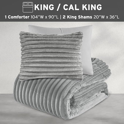 Intelligent Design King Comforter Set, Cozy Plush Bedding, Microfiber Reverse, 3 Piece, Lightweight, Super Soft Ribbed Velvet Comforter 2 Shams, All Season Fluffy Bed Set, Avril, King/Cal King Grey