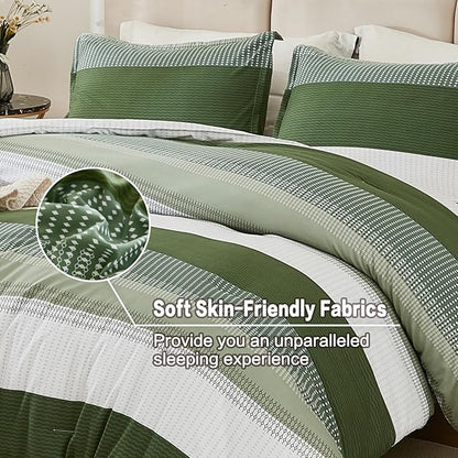 Litanika Olive Green Comforter Set Full - 3 Pieces Lightweight Olive Green White Colorblock Stripe Fluffy Bedding Comforter Sets, All Season Bed Set