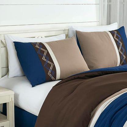 Chezmoi Collection Arden 7-Piece Modern Pleated Stripe Embroidered Zigzag Bedding Comforter Set (Full, Coffee/Brown/Navy/White)