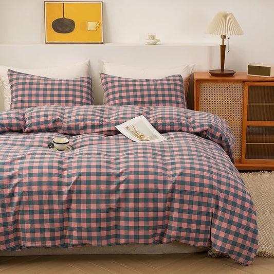 ECOCOTT Duvet Cover Set, 100% Washed Cotton Linen-Like Soft & Breathable, Durable Comfy Bedding Set for All Seasons King Size, Purple Pink Plaid
