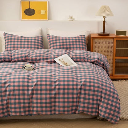 ECOCOTT Duvet Cover Oversized King Size, 100% Washed Cotton Linen-Like Soft & Breathable, Durable Comfy Bedding Set for All Seasons, Purple Pink Plaid