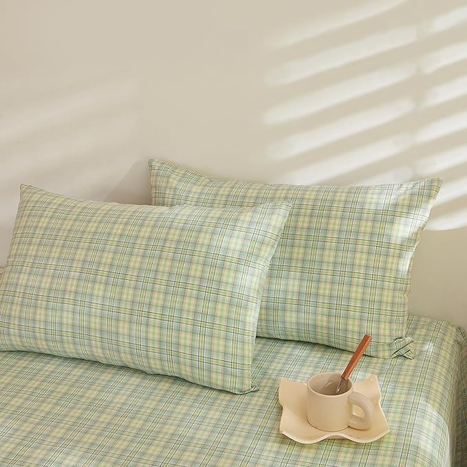EAVD Green Gingham Duvet Cover King Size Washed Cotton Bedding Set 3 Pieces Multicolor Grid Plaid Duvet Cover with 2 Pillowcases Modern Farmhouse Gingham Bedding Set with Zipper Closure