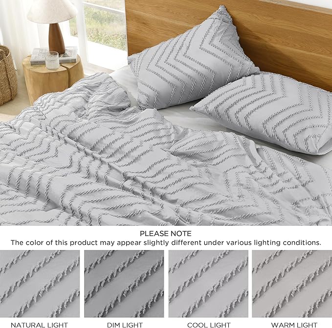 Litanika Light Gray Queen Size Comforter Sets, 3 Pieces Lightweight Grey Chevron Tufted Bedding Comforter Set, Fluffy Down Alternative Comforter Bed Set Gift Choice