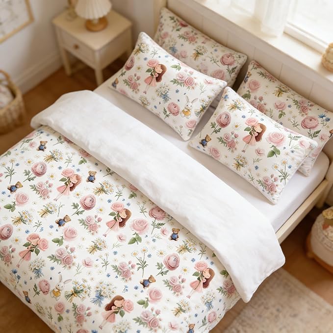 Kids Pink Floral Bed in A Bag Full for Girls, 5Pcs Pink Priness Bedding for Kids Kawaii Bedroom Decor, Cute Girly Rabbit Bear Comforter Set with 2 Pillowcases, 79"x90"