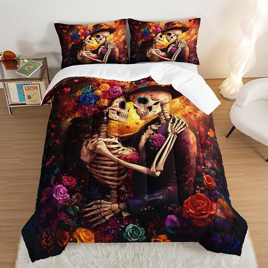 Skull Printed Comforter Set King Size,Skeleton Couple Embrace Bedding Romantic Flower Comforter Set for Kids Girls Room Decor,Artistic Aesthetics Bedding Set with 2 Pillowcases.
