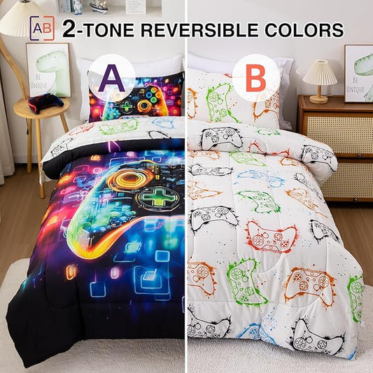 A Nice Night 5PC Game Console Comforter Set for Boys Girls Kids,Space Universe Gaming Like Rhythmic Music Style Lightweight Gamer Bedding,Twin