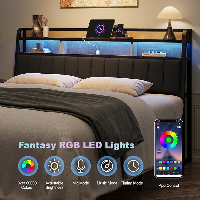 King Headboard Only with Storage, Upholstered Headboards for King Size Bed with LED Light, Charging Station, Height Adjustable, Sturdy and Stable Headboard, Black & Brown