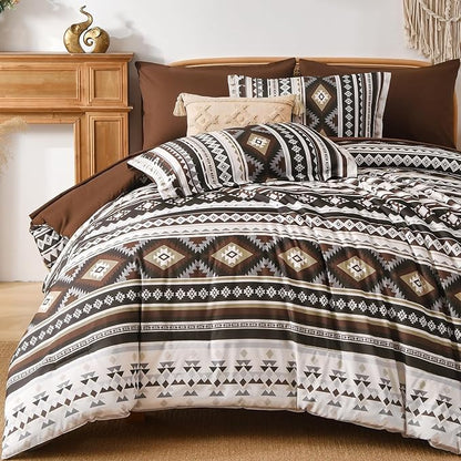 Dinjoy Drak Brown Boho Comforter Set Queen Size,7 Pieces Bed in a Bag Queen Coffee Aztec Bedding with Sheets Bohemian Geometric Striped Complete Set for Fall Winter 90"×90"