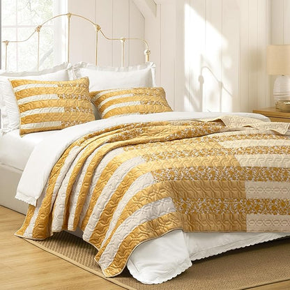 Wonderful Yellow Patchwork Spring Quilt Queen - Real Stitched Cotton Velvet Microfiber Mixed Bedding - 3-Piece Piano Key Splicing Floral Bedspread - Lightweight Geometric Quilted Coverlet | Breathable Material, Soft Touch, Wrinkle-Resistant, Machine Wa...