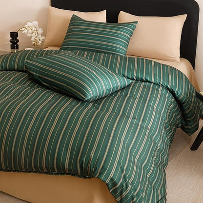 CLOTHKNOW Green Striped Full Size Comforter Set Farmhouse Bedding Comforter Sets Hunter Green Comforter Boho Soft with 2 x Pillow Cases