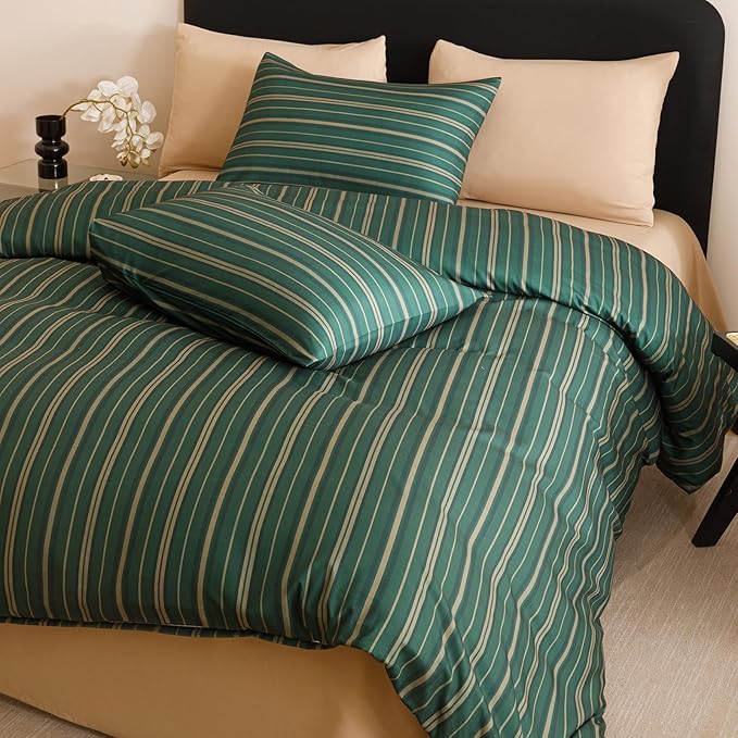 CLOTHKNOW Striped King Size Comforter Set 3Pcs Green Bedding Comforter Sets Farmhouse Ticking Comforter with 2 x Pillow Cases