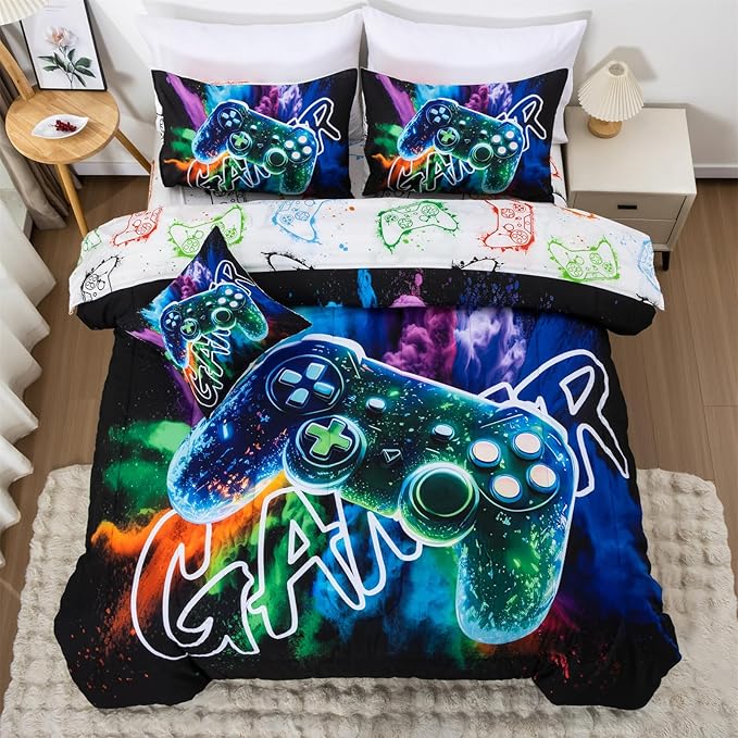 Aimuan Gamer Gaming Bedding Sets 3D Gamepad Comforter Sets for Boys Games Console Action Buttons Novelty Colorful Game Controller Modern Room Decor Home Quilt Set (Black-Green, Full 6Pcs)