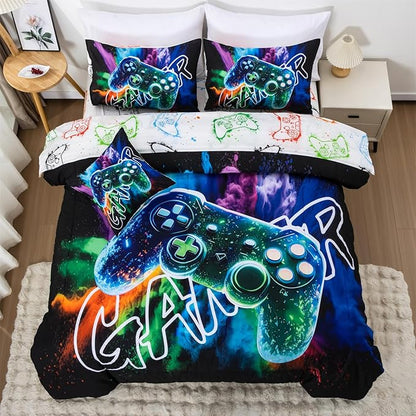 Aimuan Gamer Gaming Bedding Sets 3D Gamepad Comforter Sets for Boys Games Console Action Buttons Novelty Colorful Game Controller Modern Room Decor Home Quilt Set (Black-Green, Queen 6Pcs)
