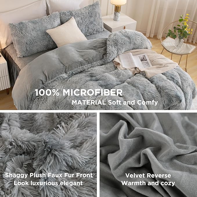 Andency Tie-Dyed Grey White Comforter King Size, 3 Pieces Faux Fur Fluffy Fuzzy Plush Bedding Comforter Set, Soft Puffy Comfy Down Comforter Bed Set
