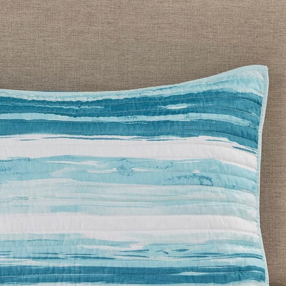 Madison Park Quilt Set Cottage Coastal Design, 6 Piece Set - All Season, Coverlet Bedspread Lightweight Bedding Layer, Shams, Toss Pillows, Full/Queen(90 in x 90 in), Aqua/White