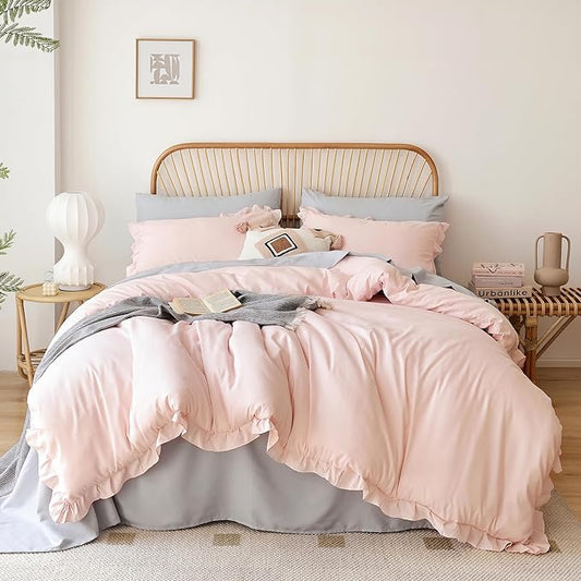 JANZAA Bedding Set, Blush Ruffle 3PCS (1 Comforter Set and 2 Pillow Covers) All Season, Shabby Chic, Vintage, Polyester, King, Soft