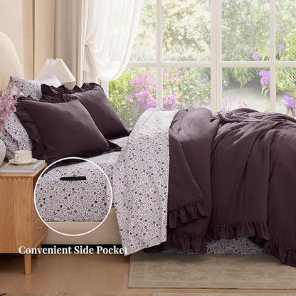 California King Comforter Set - 7 Pieces Ruffle Dark Purple Bedding Sets, Shabby Chic Farmhouse Bed in a Bag with Ruffle Comforter, Floral Sheets, Pillowcases & Shams