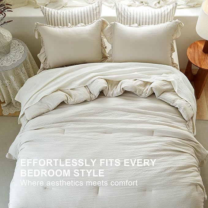 Beige Ruffle Comforter Set King, Pre-Washed Shabby Chic Bedding Set, Lightweight Cottagecore Soft Romantic Cozy 1 Comforter & 2 Shams, All-Season
