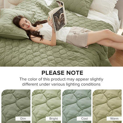 Comfort Spaces Queen Quilt Set Modern Reversible Ogee Coverlet Queen Bedding Set Cozy Quilted Winter Layer, All Season Lightweight Soft Queen Size Quilt, Kienna, Full/Queen Olive Green 3 Piece