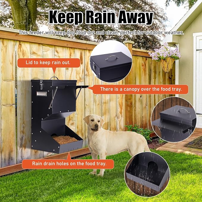 Outdoor Automatic Dog Feeder Large Breed 25 lbs, Galvanized Gravity Feeder for Dogs Metal Self Feeding Dog Food Dispenser Hanging Pet Food Feeders for Dogs Chickens and Farm Animals