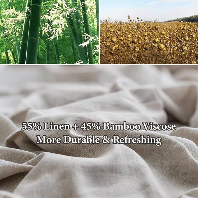 Simple&Opulence French Linen Blended Duvet Cover Queen, Flax Viscose Derived from Bamboo Bedding Set with Pom Pom Trim Soft Cooling for Hot Sleepers, 1 Boho Comforter Cover and 2 Pillow Shams, Linen