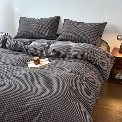 EAVD Vintage Style Dark Grey Plaid Duvet Cover Twin 100% Washed Cotton Like Linen Feel Soft Red Grid Gingham Bedding Set with 2 Pillowcases Reversible Retro Dark Grey Gingham Duvet Cover with Zipper