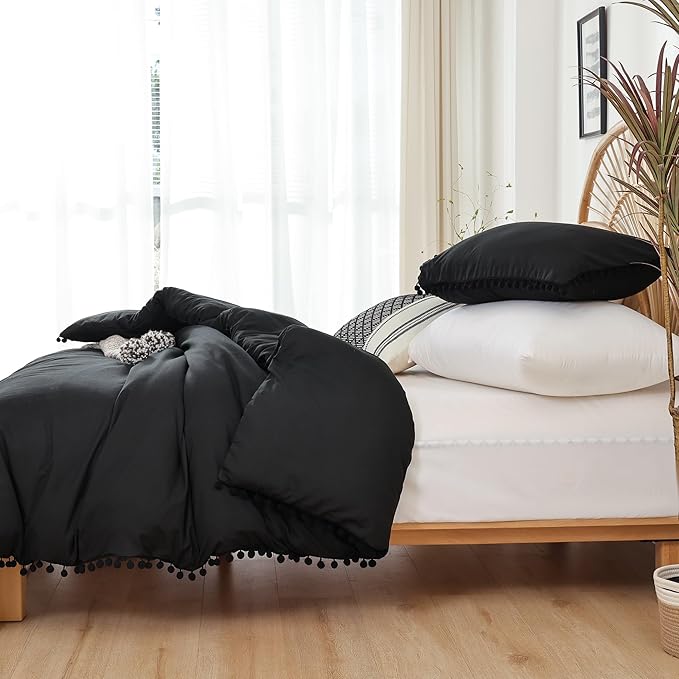 YIRDDEO Queen Comforter Set - Comforter Queen Size Sets with Ball Pom Fringe, Soft Bedding Set for All Seasons - 3 Pieces, 1 Comforter (90"x90") & 2 Pillow Shams (20"x26"), Black