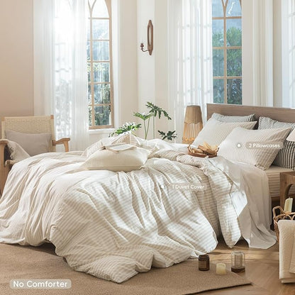 MooMee Striped Duvet Cover Set 100% Washed Cotton Linen Like Textured Breathable Durable Soft Comfy (Almond Milk Grey Classic Stripes, Super King 108"x98")