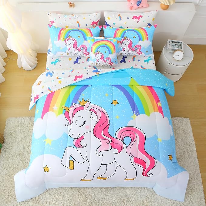 JQinHome Unicorn Queen Bedding Sets for Girls Kids,8 Piece Bed in A Bag 3D Blue Rainbow Clouds Theme Unicorn Comforter Set with Sheet Set(Blue)