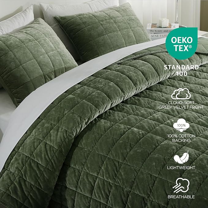 Oversized King Greek Velvet Quilt Set, 3× Softer Luxe Sheen, 100% Cotton Backing, 150GSM Down-Alternative Fill, Extra-Wide 112×106" Hotel-Style Luxury Coverage (1 Quilt + 2 Pillow Shams), Loden Green