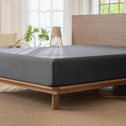 MooMee Fitted Bottom Sheet Only 100% Washed Cotton Linen Like Textured Breathable Durable Soft Comfy Deep Pocket Fits Mattress up to 17" (Dark Grey, Queen)