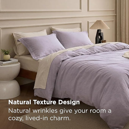 Bedsure 100% Washed Cotton Duvet Cover King Size - Lavender Minimalist Bedding Set Linen Like - PureWoven Plain Simple & Soft Comforter Cover for All Seasons (Lavender, King, 104"x90")